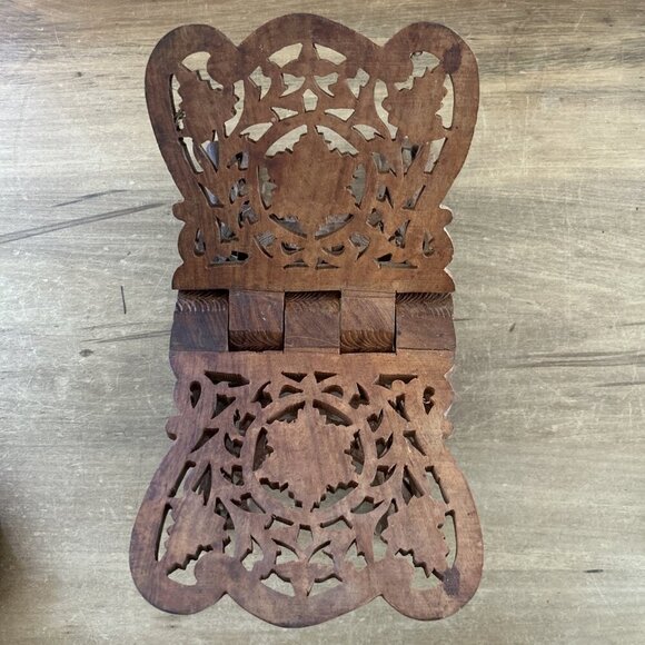 Vintage Hand Carved Wood Folding Cookbook Holder Bible Book Display Stand Boho - Picture 4 of 4